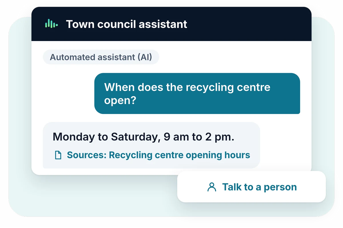 EnaChat illustration: a resident asks for the recycling centre's opening hours and the assistant answers with a link to the official source.